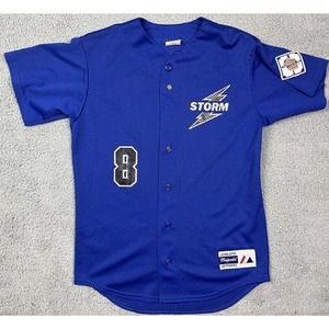 Storm Bowling Uniform Baseball Button Up Jersey Blue Majestic AAU USA Size‎ S
